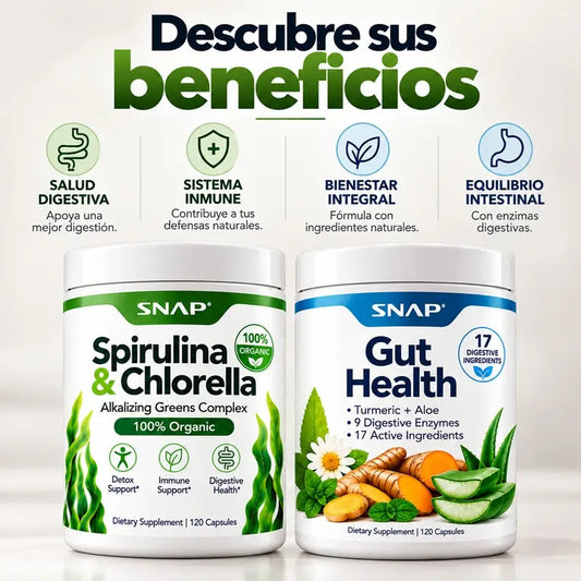 Combo 2x1 Snap: Spirulina & Chlorella + Gut Health 🌿Para sentirte liviano y con energía