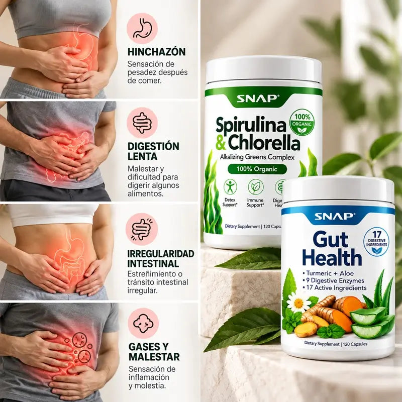 Combo 2x1 Snap: Spirulina & Chlorella + Gut Health 🌿Para sentirte liviano y con energía