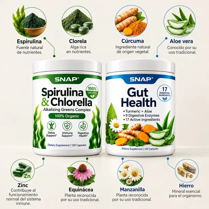 Combo 2x1 Snap: Spirulina & Chlorella + Gut Health 🌿Para sentirte liviano y con energía