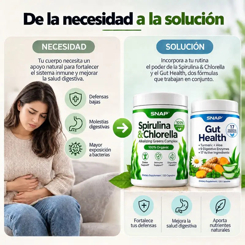 Combo 2x1 Snap: Spirulina & Chlorella + Gut Health 🌿Para sentirte liviano y con energía