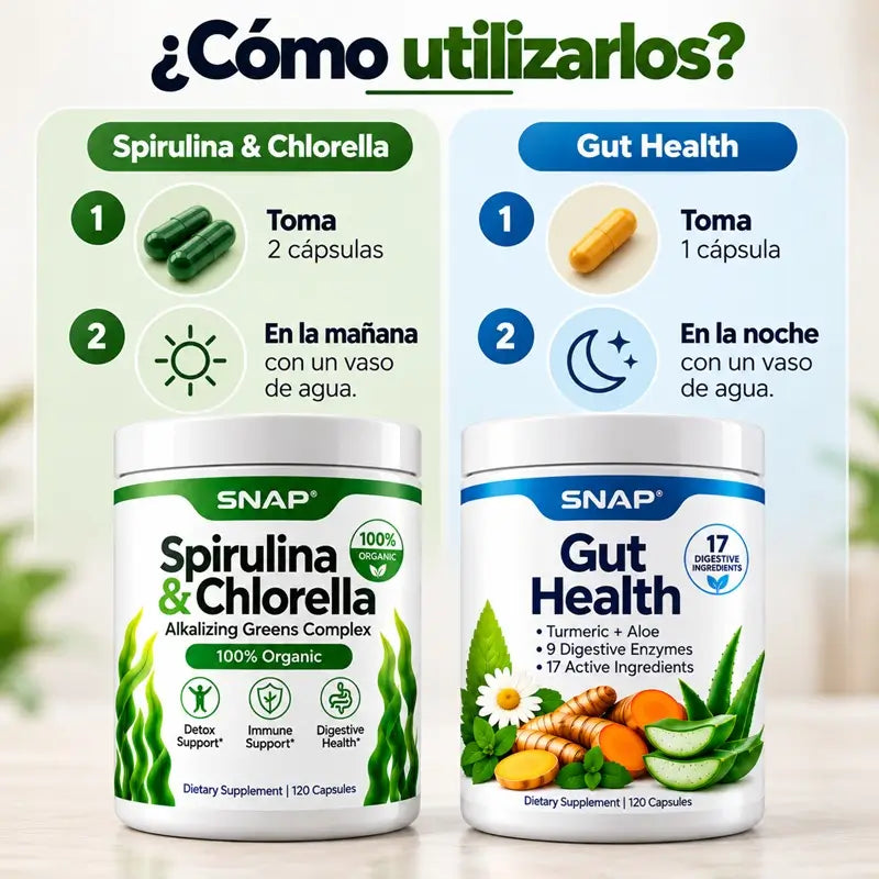 Combo 2x1 Snap: Spirulina & Chlorella + Gut Health 🌿Para sentirte liviano y con energía